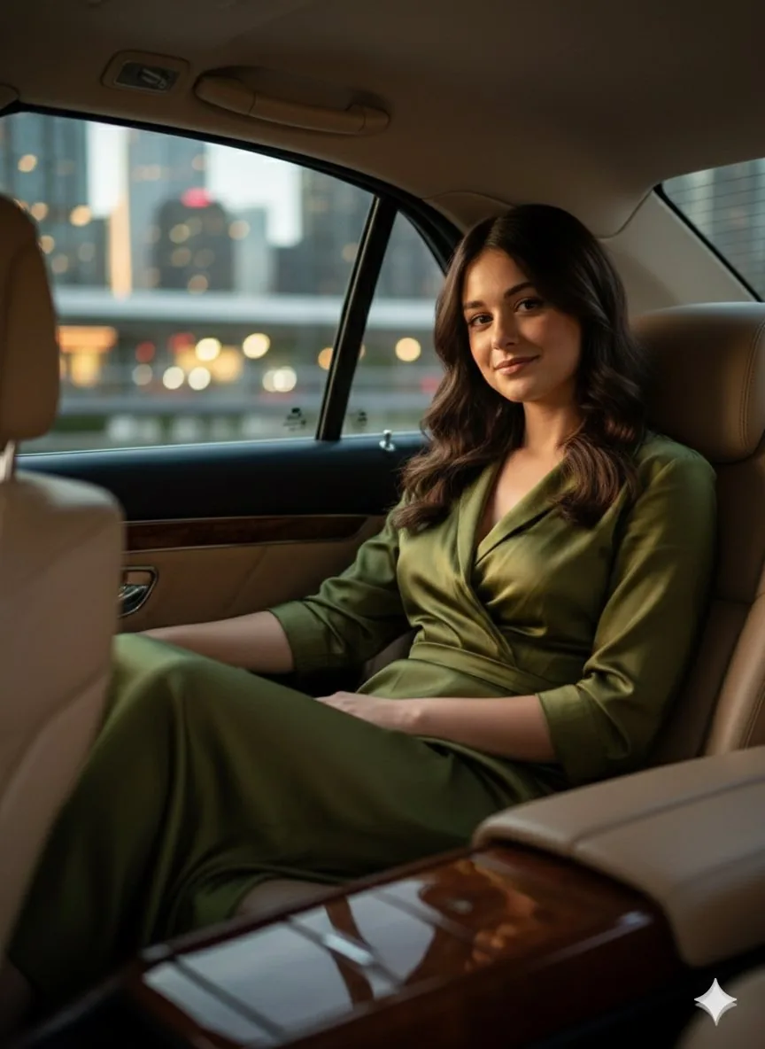 Cinematic fashion portrait in a luxury car interior reference