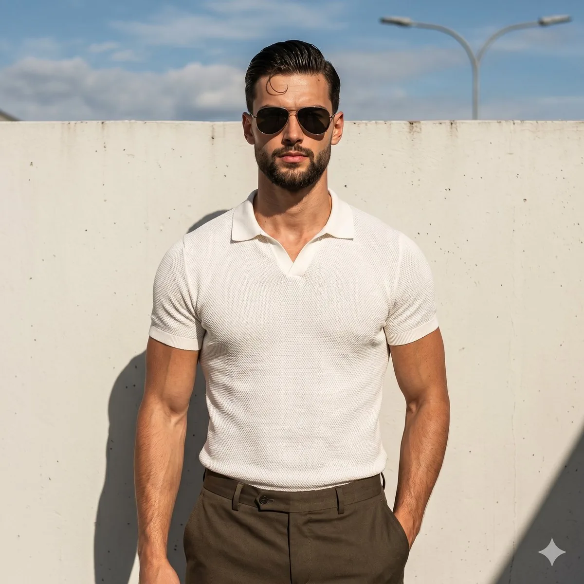 Muscular Man Resort Fashion Portrait - Nano Banana Pro AI Prompt for Social Media Post reference