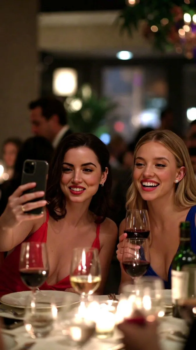 Low-Quality Smartphone Selfie of Ana de Armas and Sydney Sweeney - Nano Banana Pro AI Prompt for Social Media Post reference