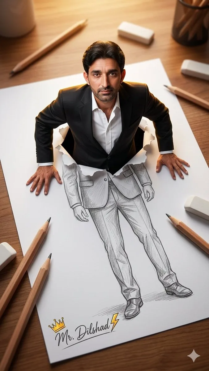 3D Figure Emerging from Pencil Sketch reference