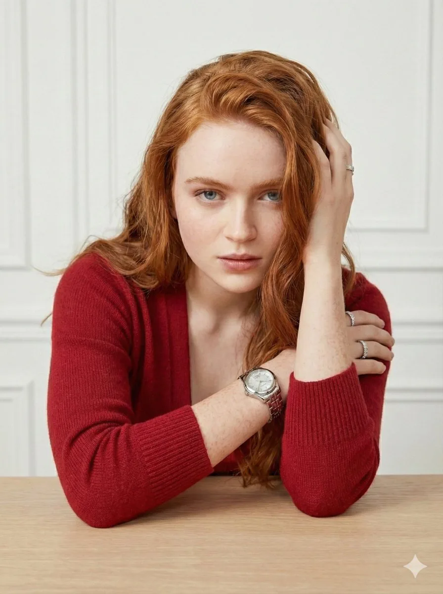 Sadie Sink Editorial Portrait Prompt - Nano Banana Pro AI Prompt for Product Marketing reference