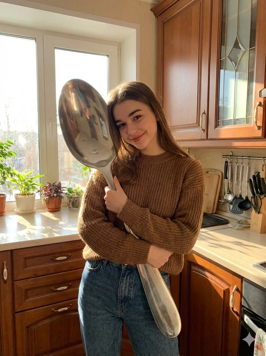 Photorealistic Woman Hugging Giant Spoon in Kitchen Prompt - Nano Banana Pro AI Prompt for Social Media Post reference