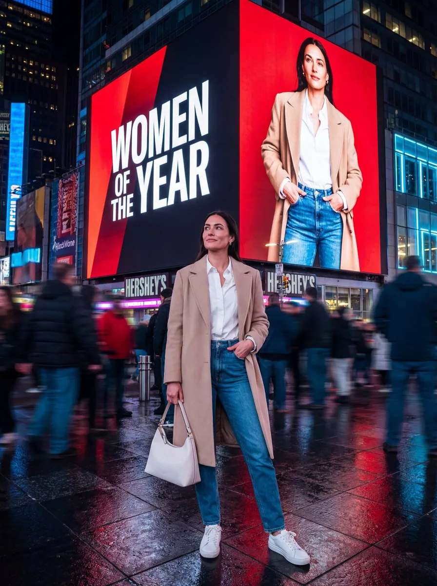 Hyper-Realistic Street Photography Portrait in Times Square - Nano Banana Pro AI Prompt for Product Marketing reference