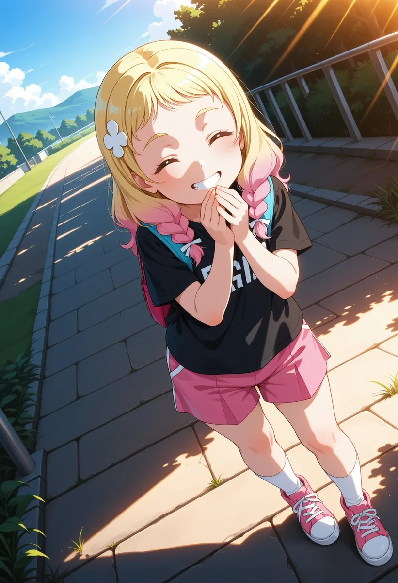 Cheerful Anime Girl on Sunny Sidewalk reference