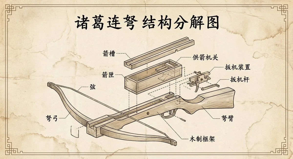 Vintage engineering exploded view of Zhuge repeating crossbow reference