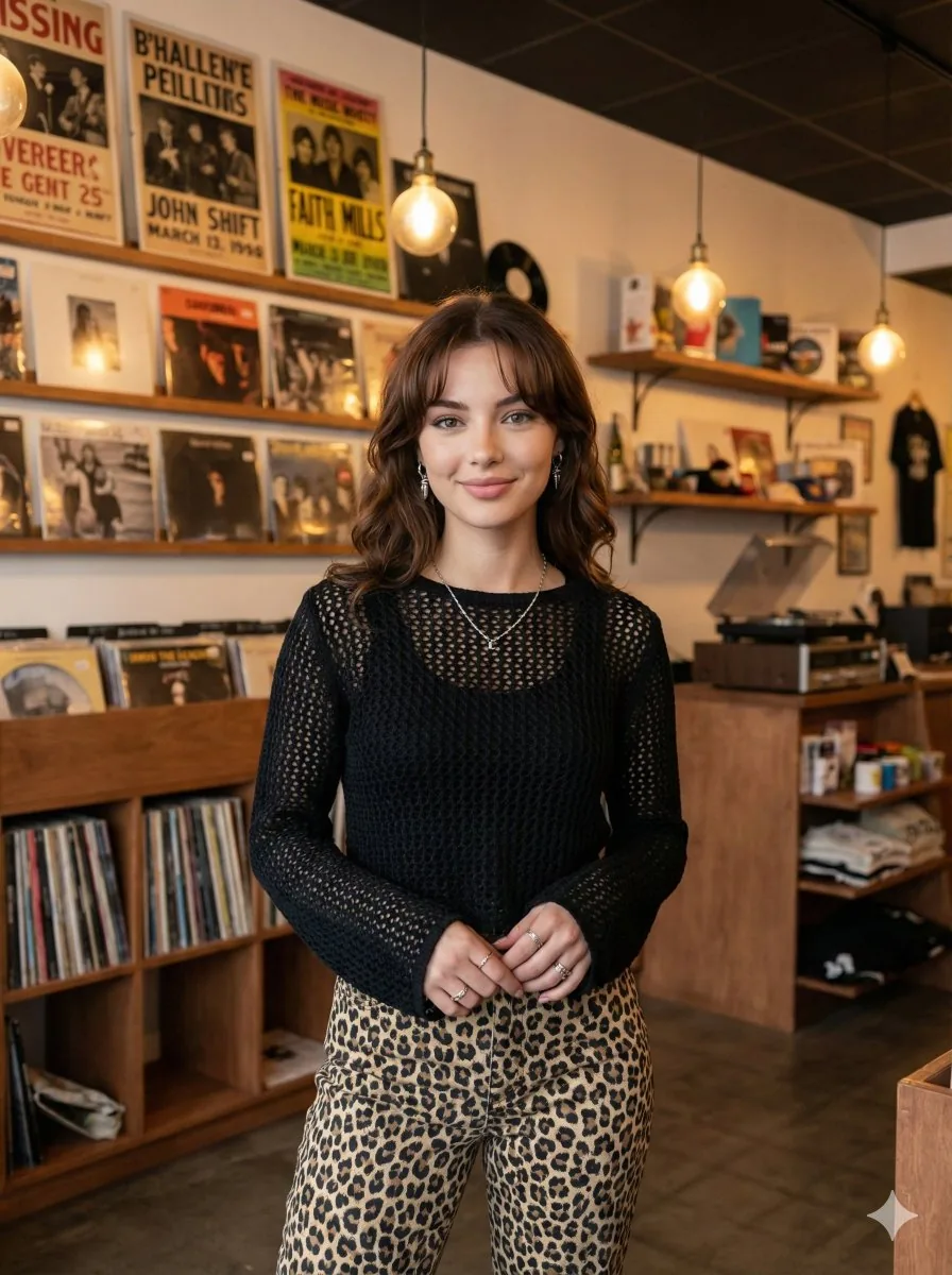 Modern Candid Portrait in a Record Store - Nano Banana Pro AI Prompt for Social Media Post reference