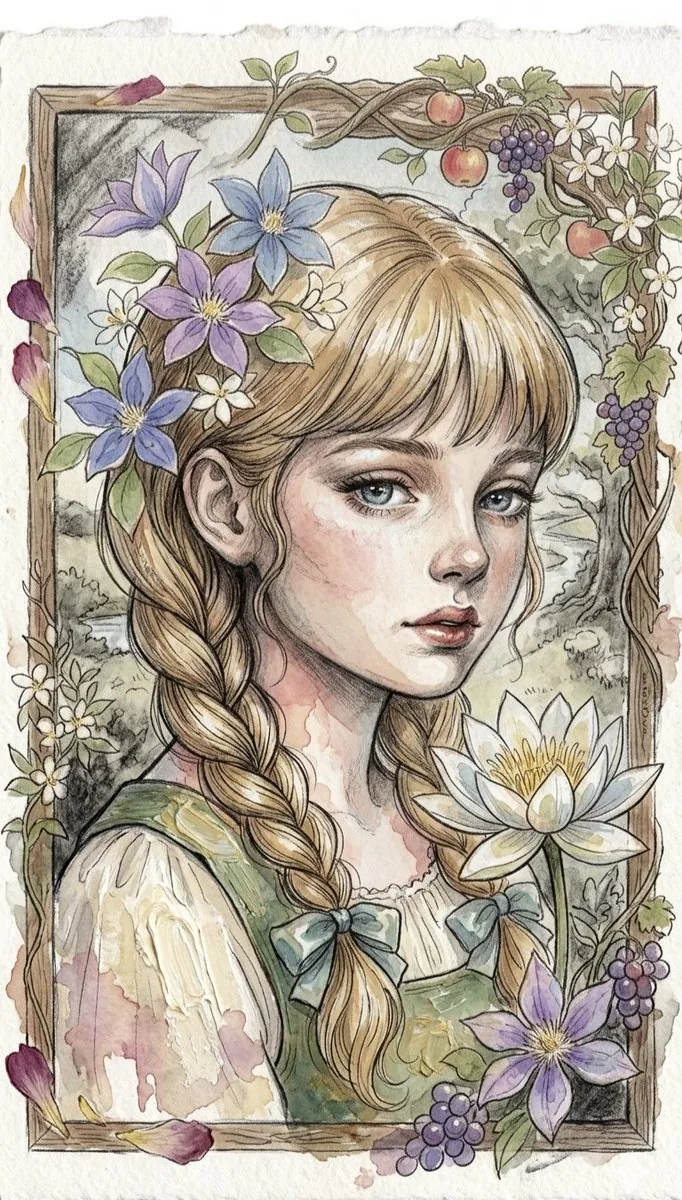 Watercolor Floral Portrait of a Girl reference