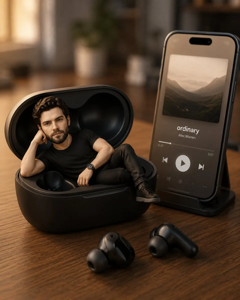 Pixar-Style Earbuds Miniature Scene reference