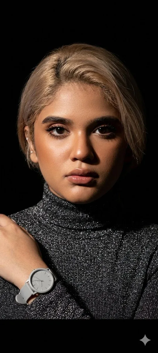 Elegant Studio Portrait with Sparkling Top reference