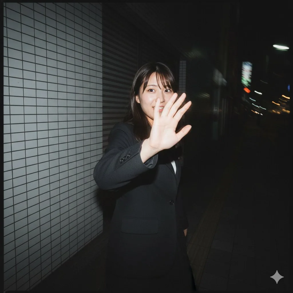 Raw, Motion-Blurred Nighttime Smartphone Flash Portrait - Nano Banana Pro AI Prompt for Social Media Post reference