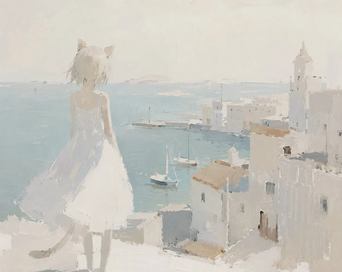 Minimalist Cat Girl Seaside Painting reference