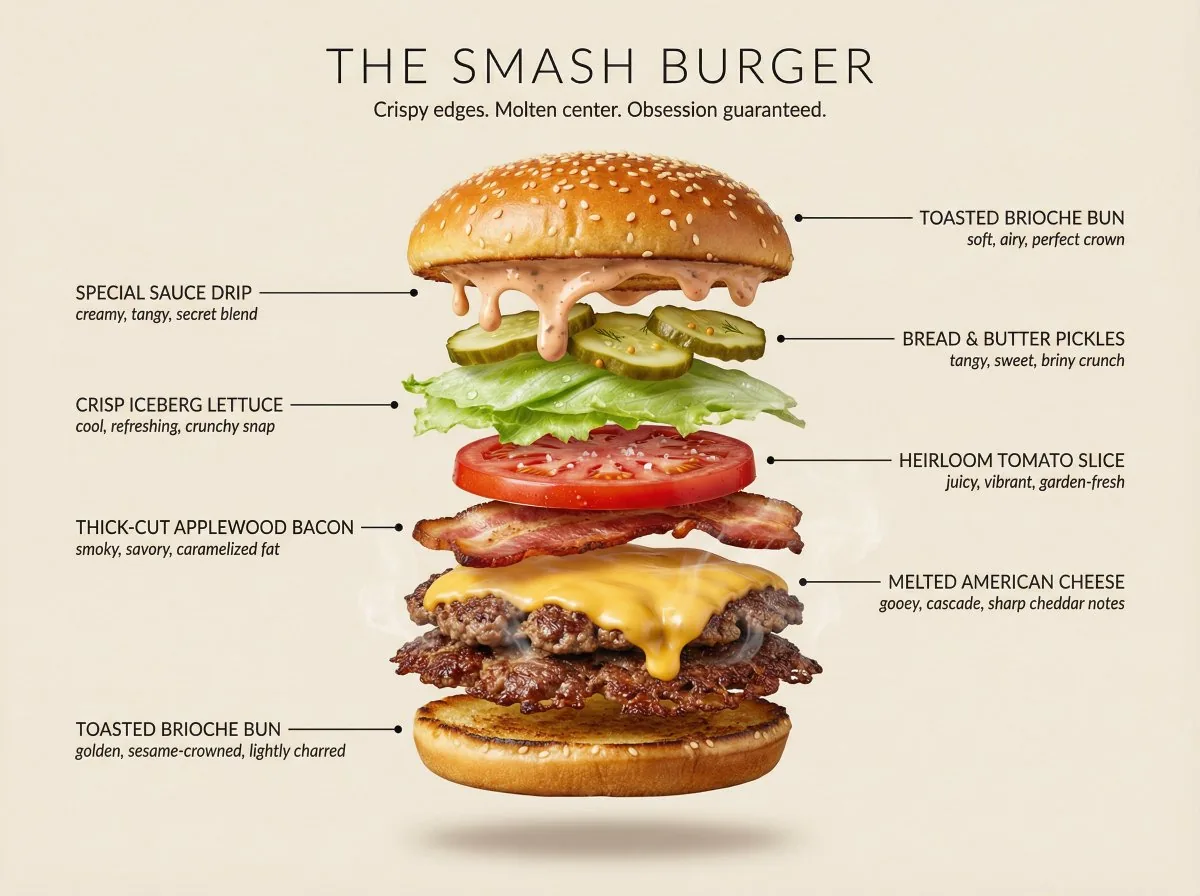 Hyperrealistic Exploded Ingredient Stack Diagram - Nano Banana Pro AI Prompt for Infographic / Edu Visual reference