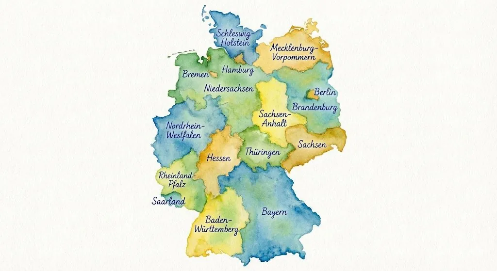 Watercolor map of Germany with labeled states reference