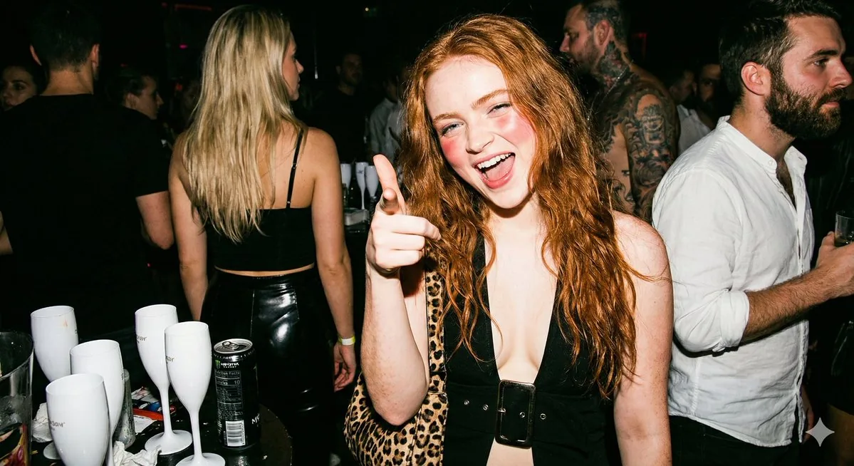 Hyper-realistic Candid Nightlife Photo of Sadie Sink - Nano Banana Pro AI Prompt for Social Media Post reference