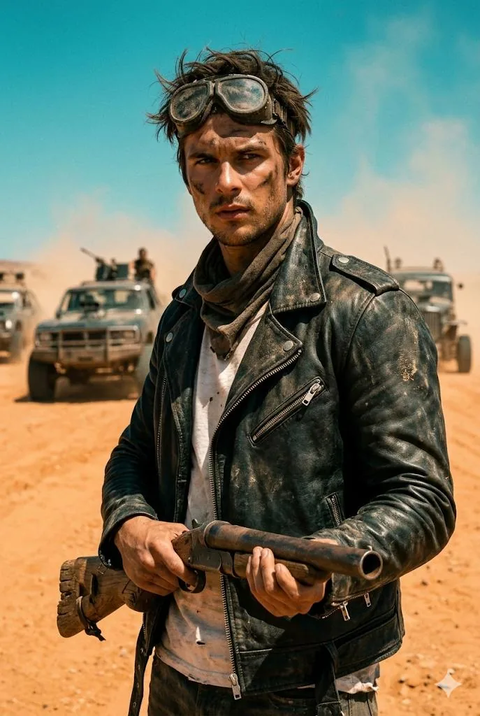 Wasteland Survivor Cinematic Film Still (Mad Max Style) - Nano Banana Pro AI Prompt for Cinematic / Film Still reference