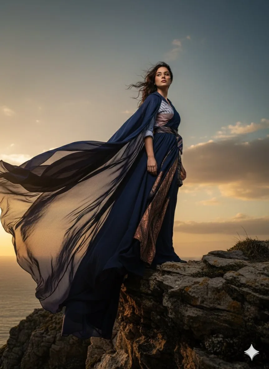 High-Fashion Cinematic Portrait Emphasizing Motion reference