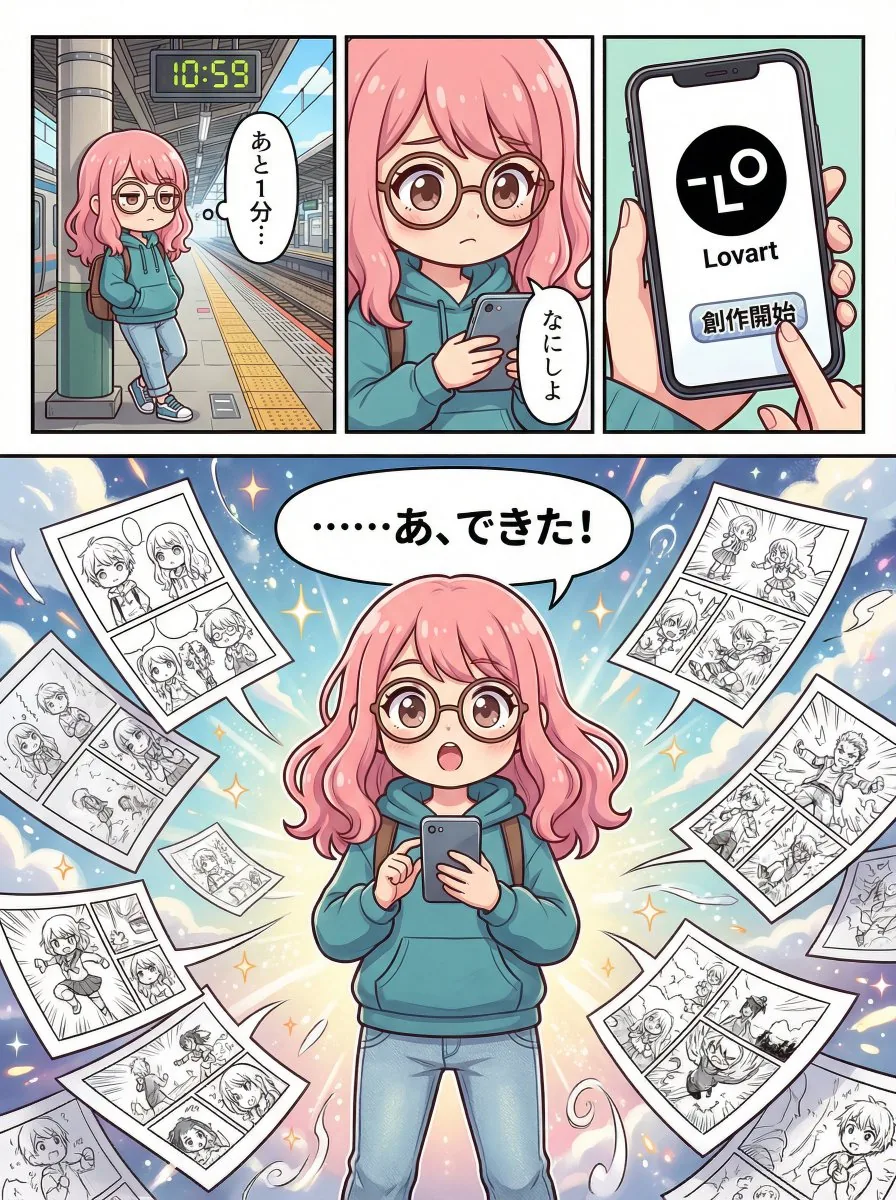 Four-Panel Manga Creation about Lovart App reference