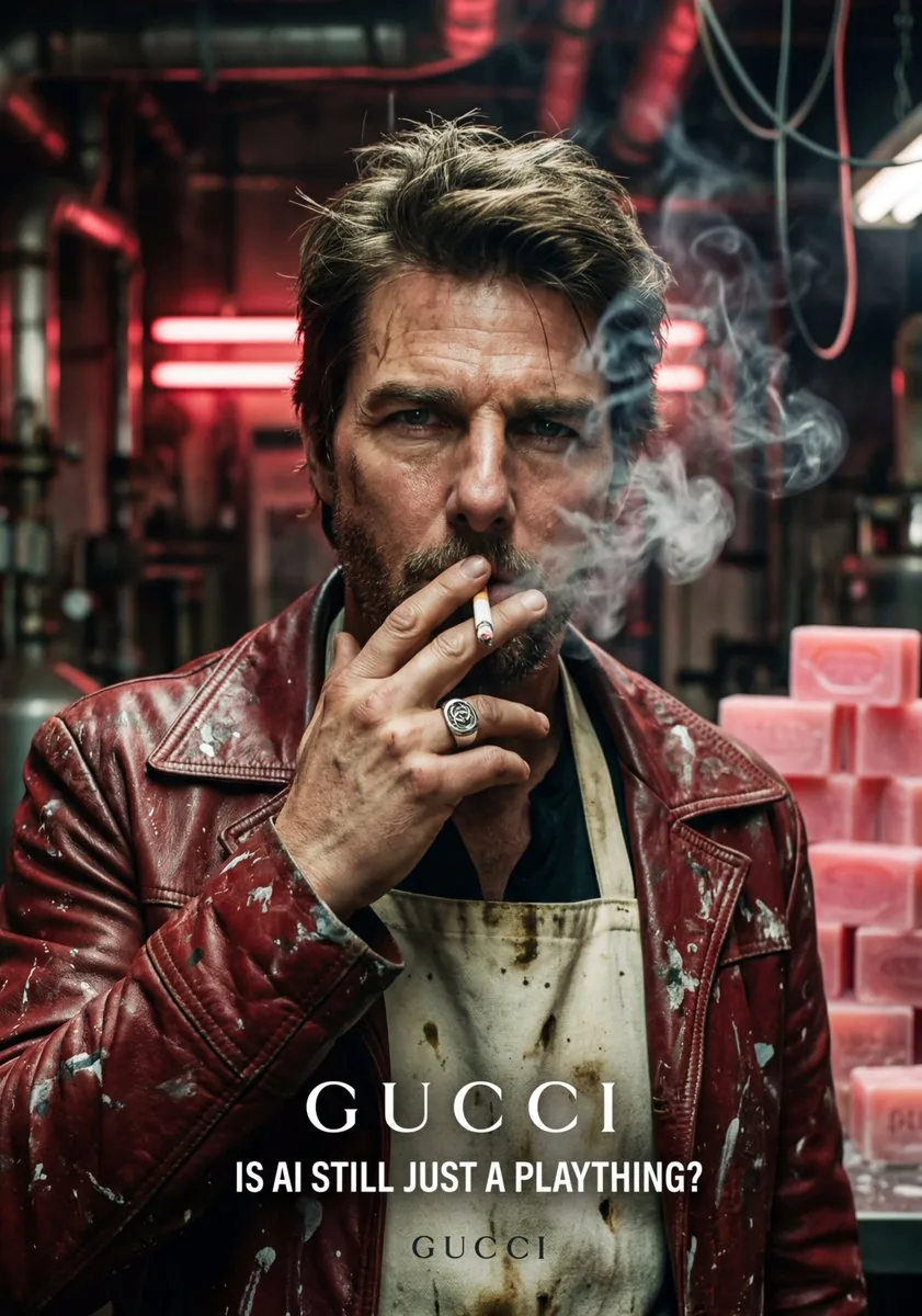 Gritty Tom Cruise Portrait with GUCCI Branding - Nano Banana Pro AI Prompt for Product Marketing reference