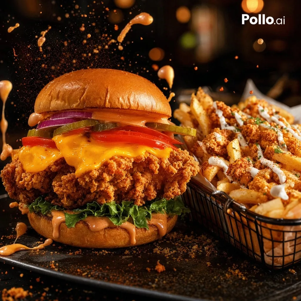 Cinematic Fried Chicken Burger Ad reference
