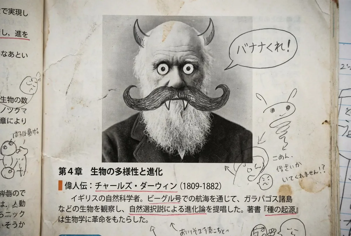 Middle schooler doodles on history textbook pages reference