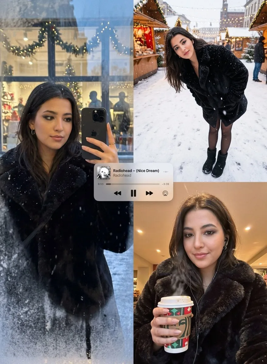 Editorial Winter Poster Collage with Strict Face Preservation - Nano Banana Pro AI Prompt for Social Media Post reference