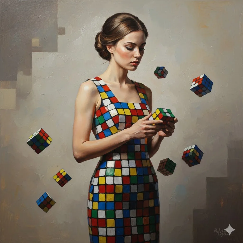 Hyper-realistic portrait of model in Rubik's cube dress reference