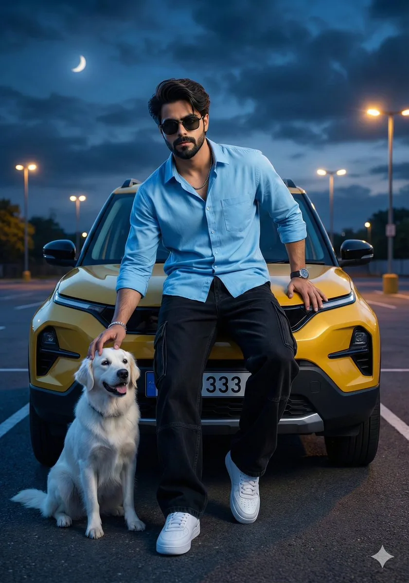 Cinematic Night Fashion Portrait with Luxury SUV and Dog - Nano Banana Pro AI Prompt for Social Media Post reference