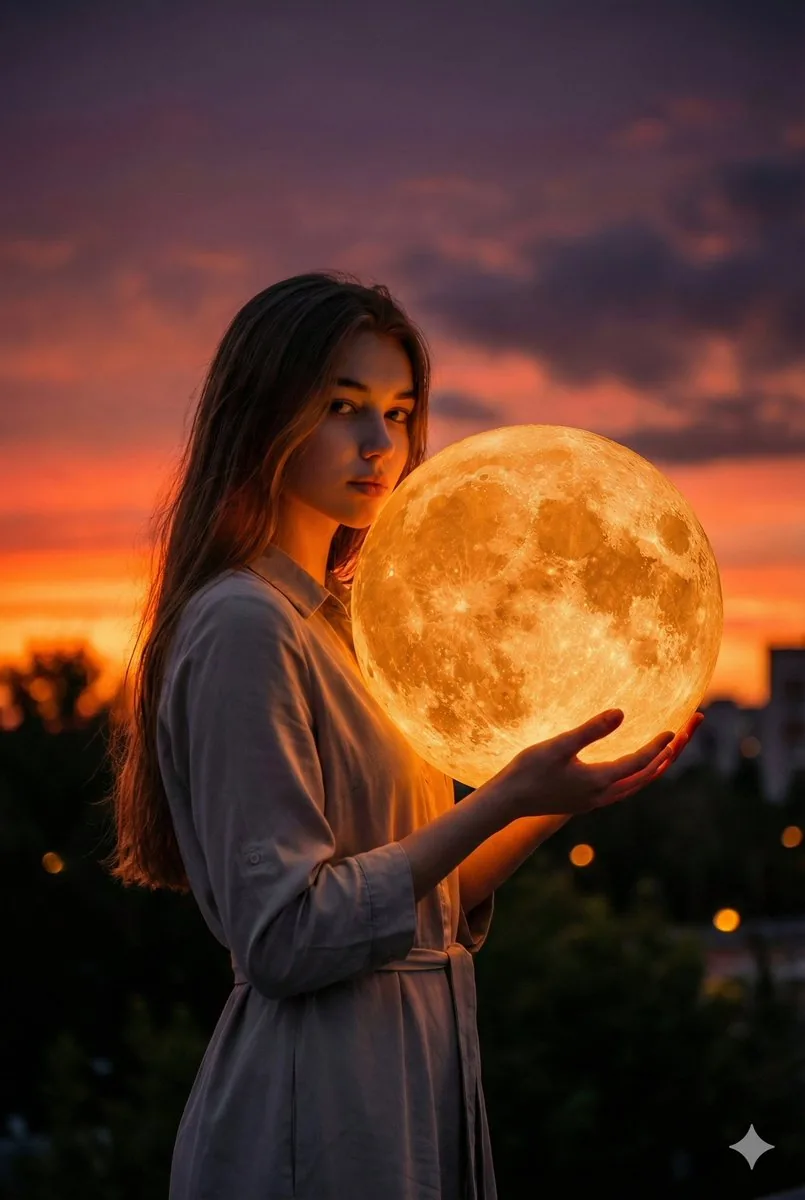 Cinematic Photorealistic Portrait Holding a Giant Glowing Moon - Nano Banana Pro AI Prompt for Social Media Post reference