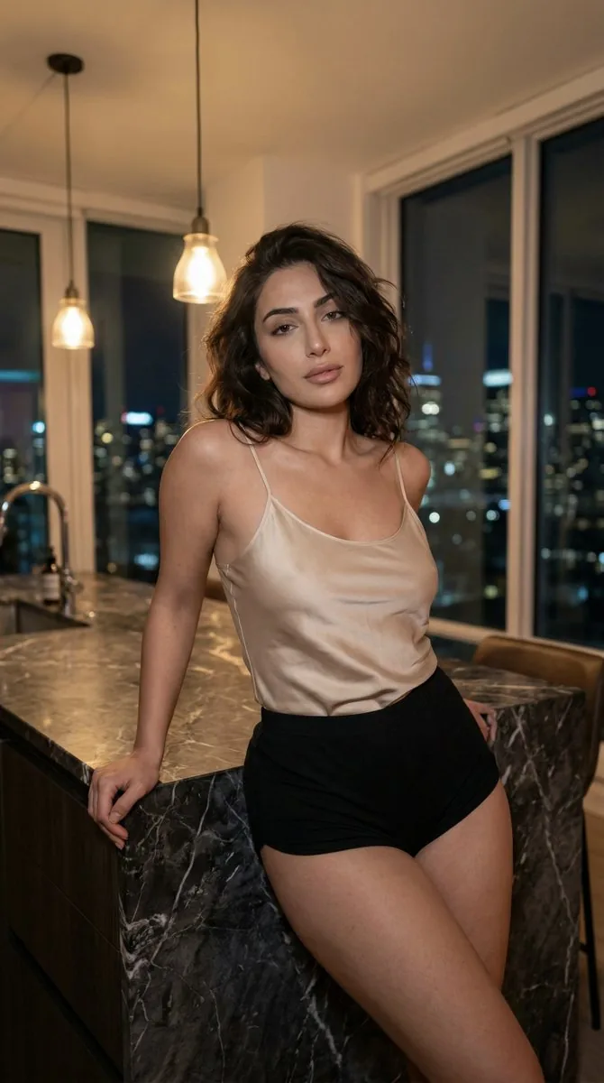 Low-Light Kitchen Portrait (Persian/Middle Eastern) - Nano Banana Pro AI Prompt for Social Media Post reference