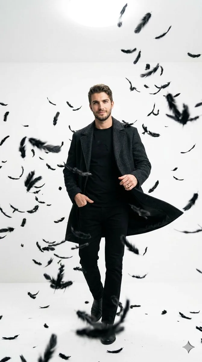 Cinematic Studio Portrait with Floating Feathers reference