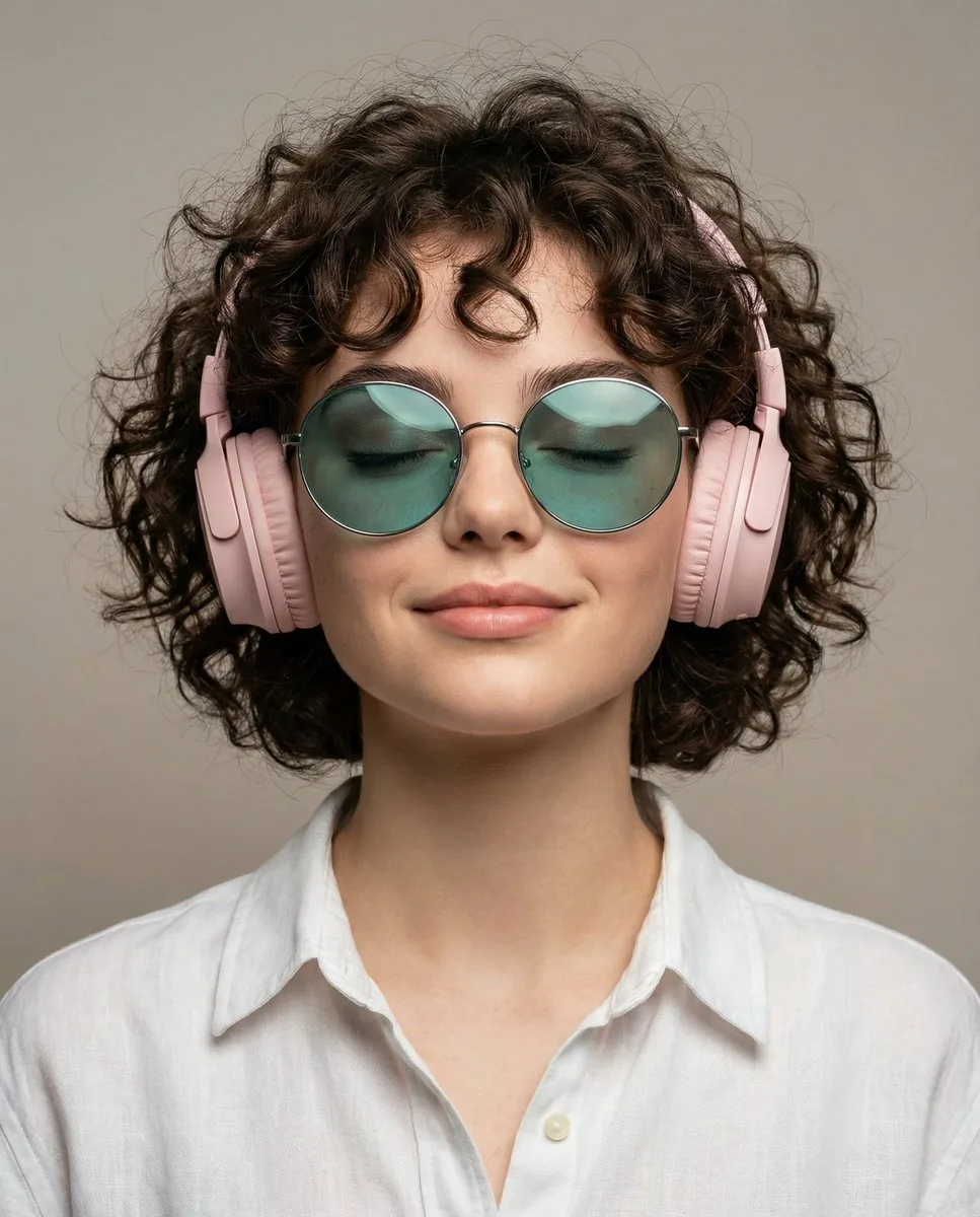 Ultra-Realistic Studio Portrait of Woman with Eyes Closed and Headphones reference
