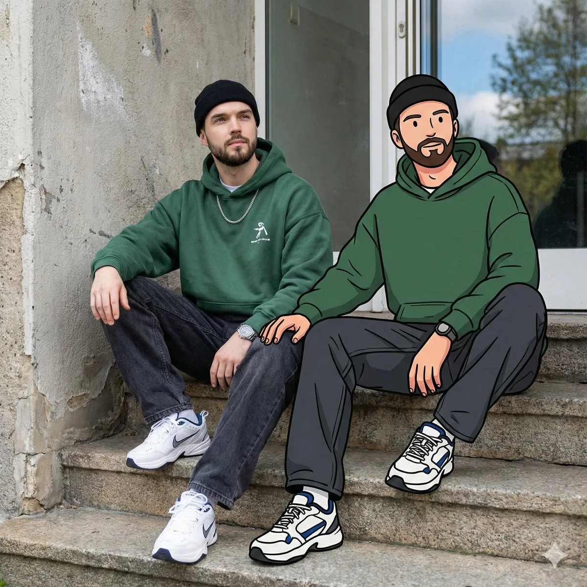 Mixed Reality Street Portrait with Cartoon Twin - Nano Banana Pro AI Prompt for Social Media Post reference