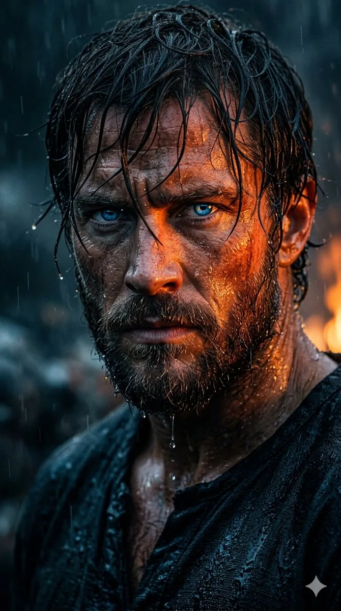 Rugged Cinematic Rain Portrait reference
