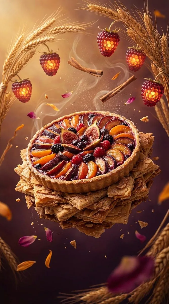 Rustic Fruit Tart Floating in a Dream Orchard (Video Prompt) reference