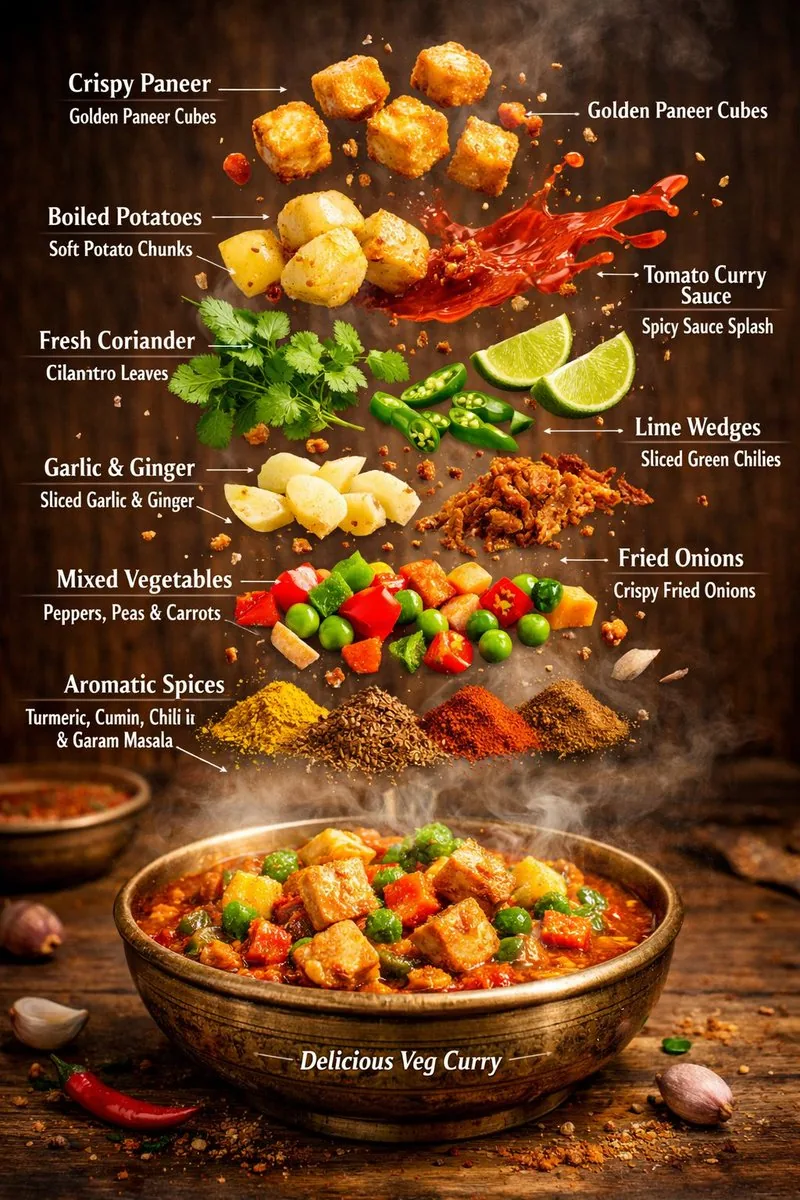Hyper-realistic editorial food infographic of Indian Veg Curry - Nano Banana Pro AI Prompt for Infographic / Edu Visual reference
