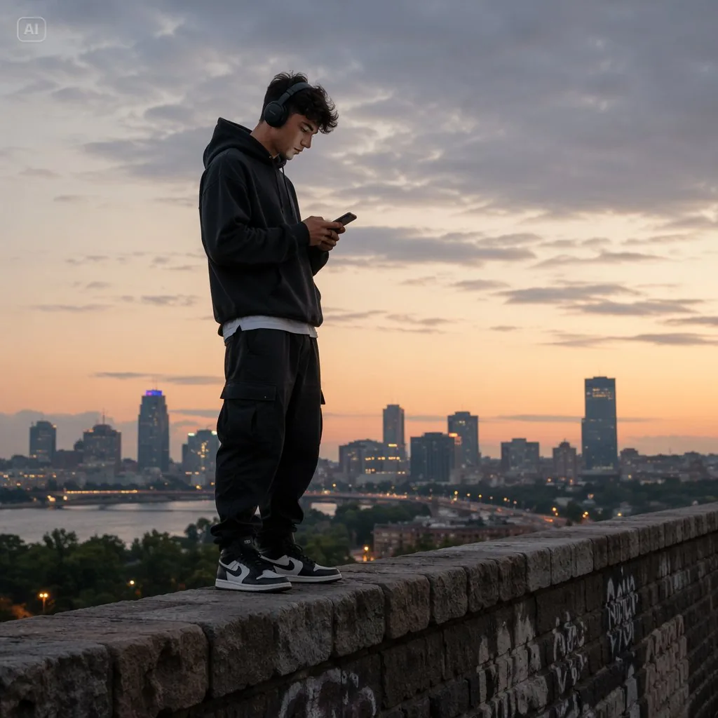 Man Texting on City Overlook reference
