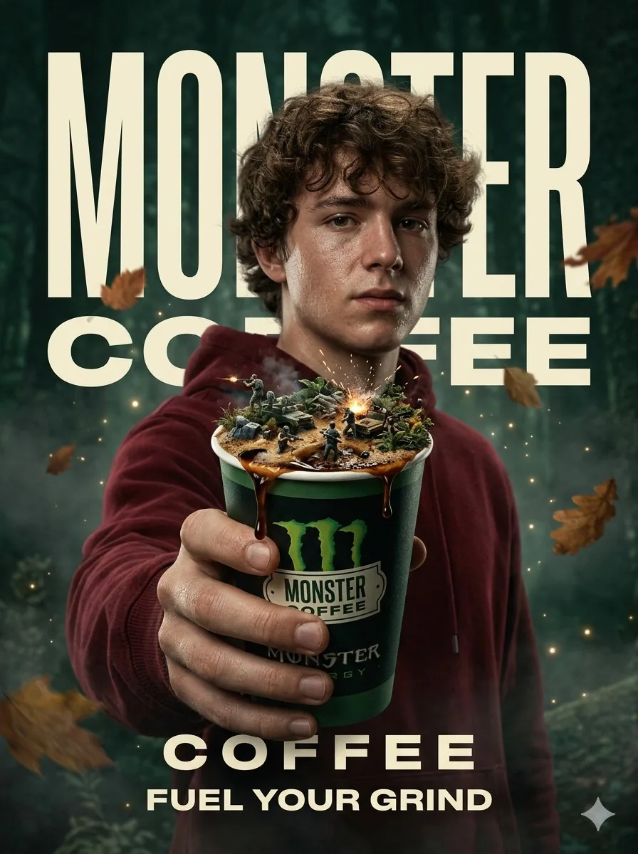 Surreal Monster Energy Coffee Advertisement reference