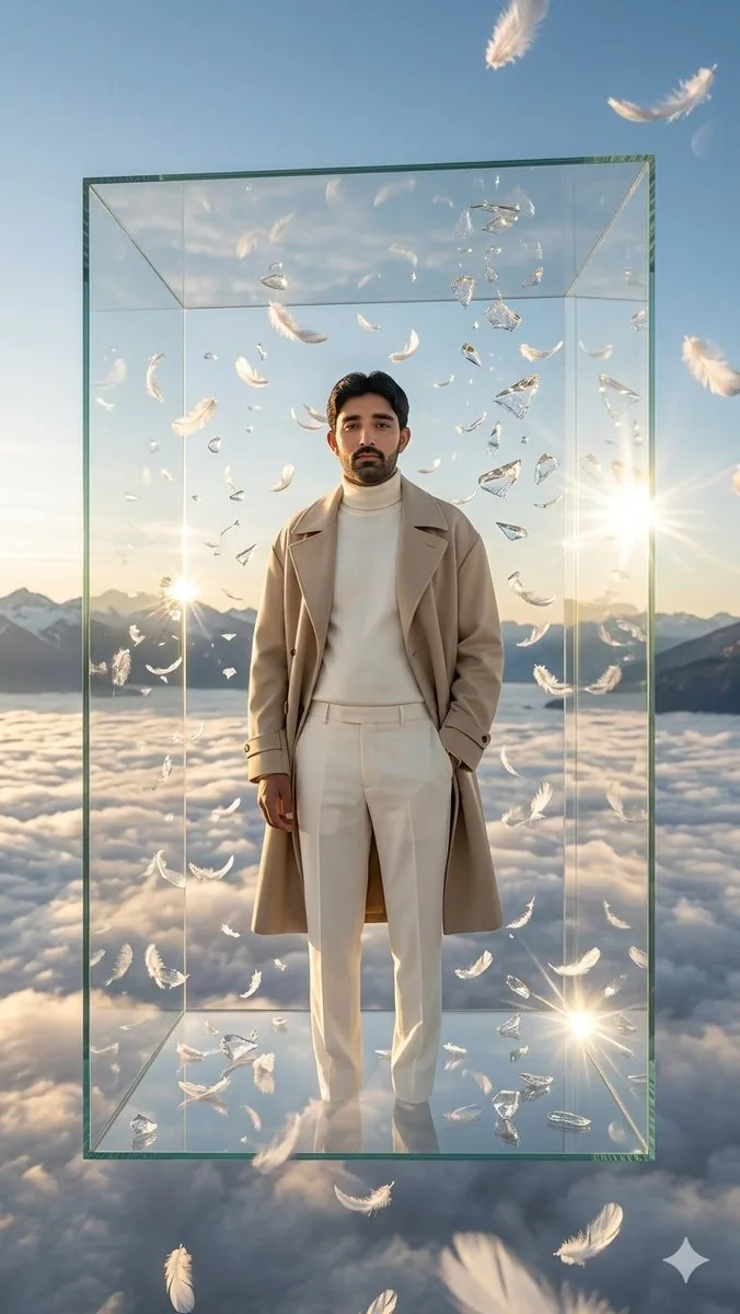 Man in Floating Glass Cube reference