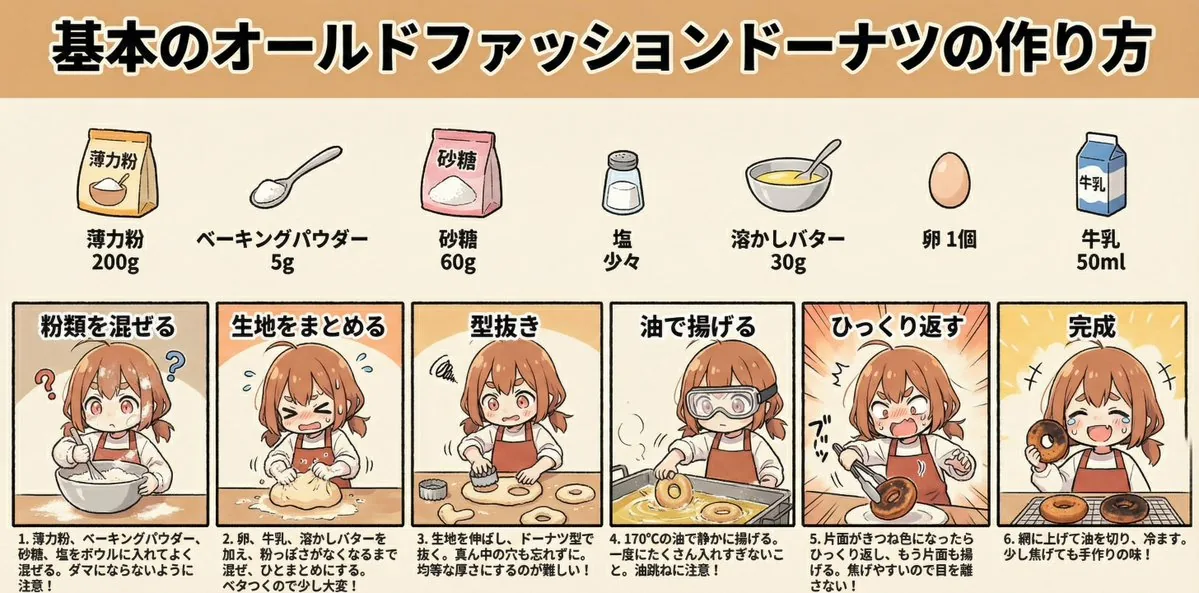 Infographic Generation for Old-Fashioned Donuts with Character Skill Variation reference