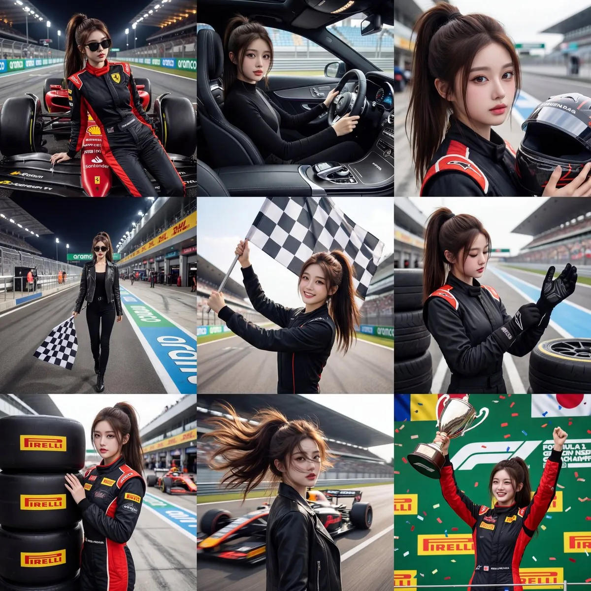 3x3 Motorsport Glamour Photo Collage - Nano Banana Pro AI Prompt for Social Media Post reference