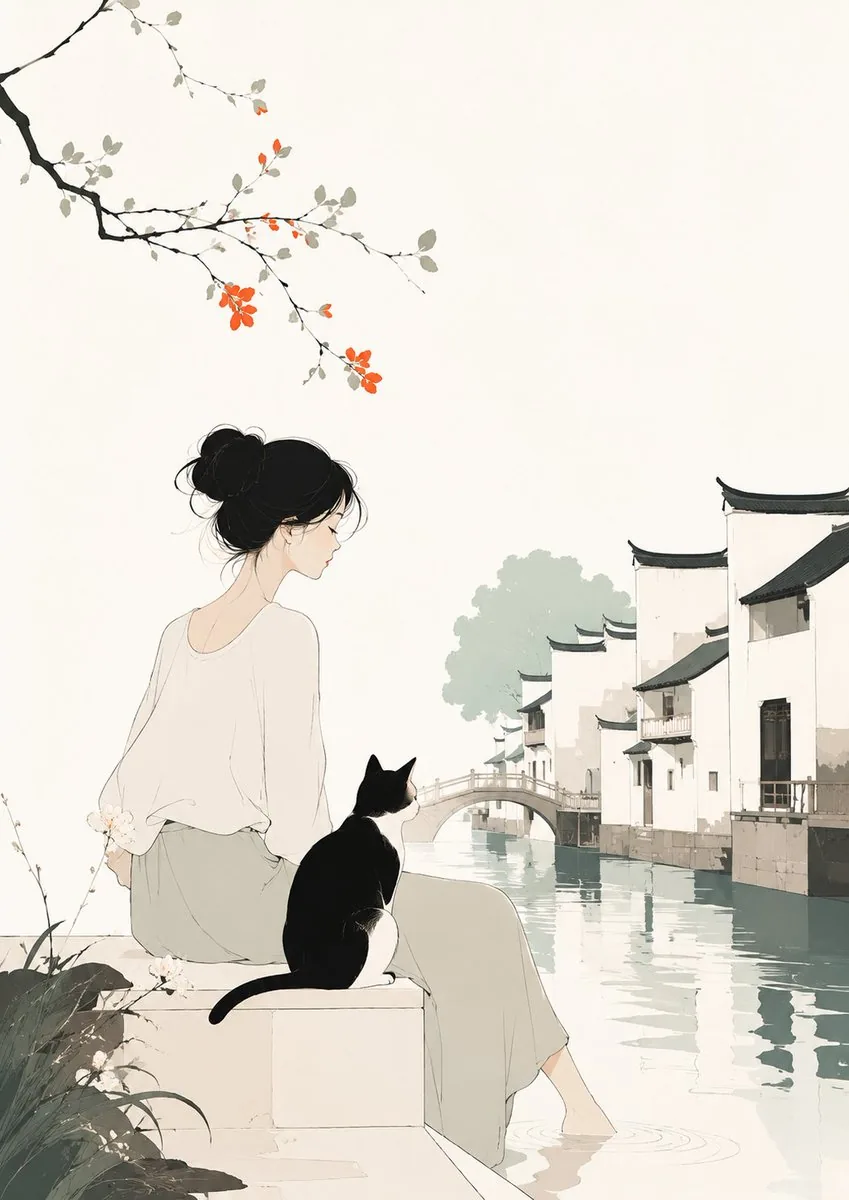 Minimalist Illustration of Girl and Cat reference