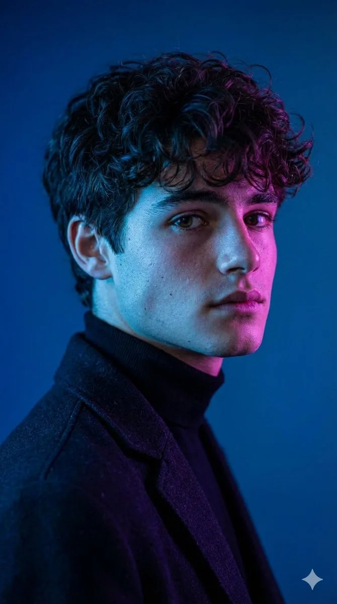 Dramatic Cinematic Portrait with Contrasting Lighting reference