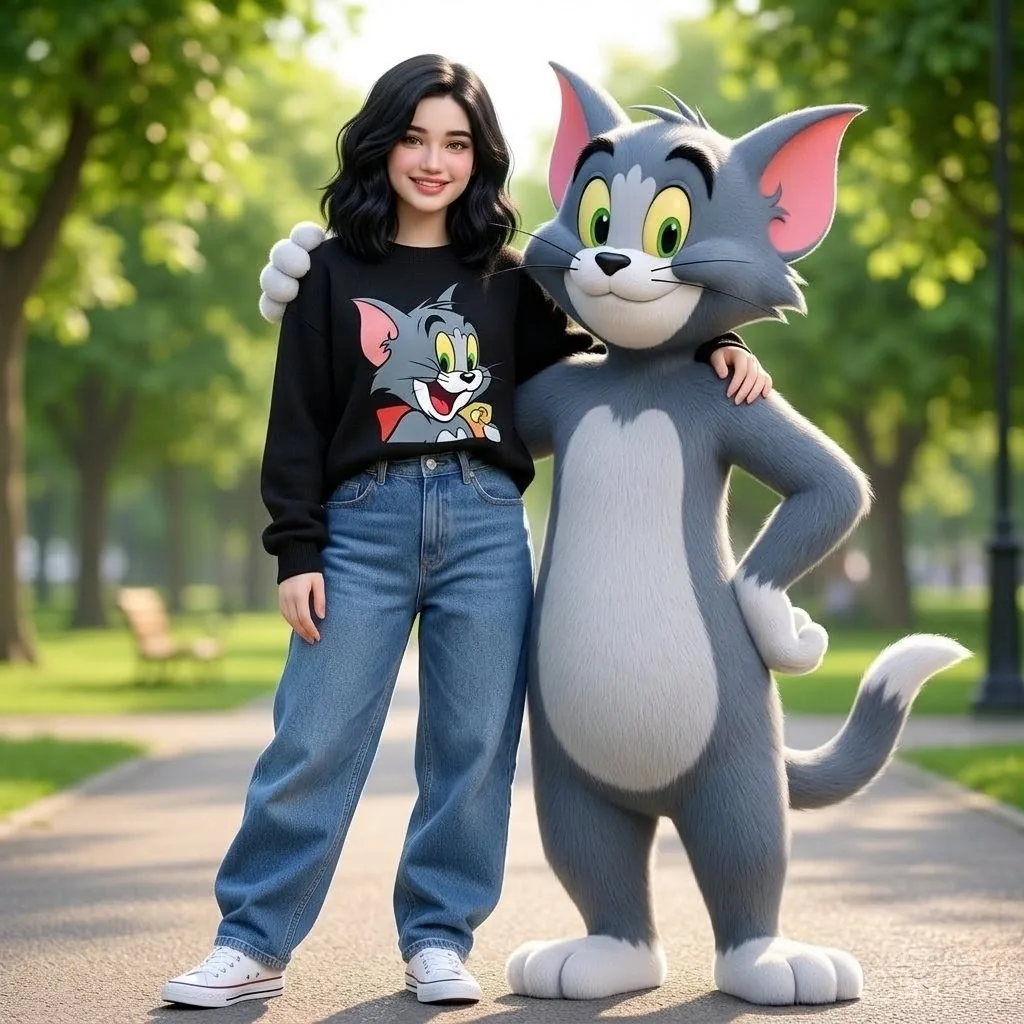 Woman Posing With Life-Size Tom Cat reference