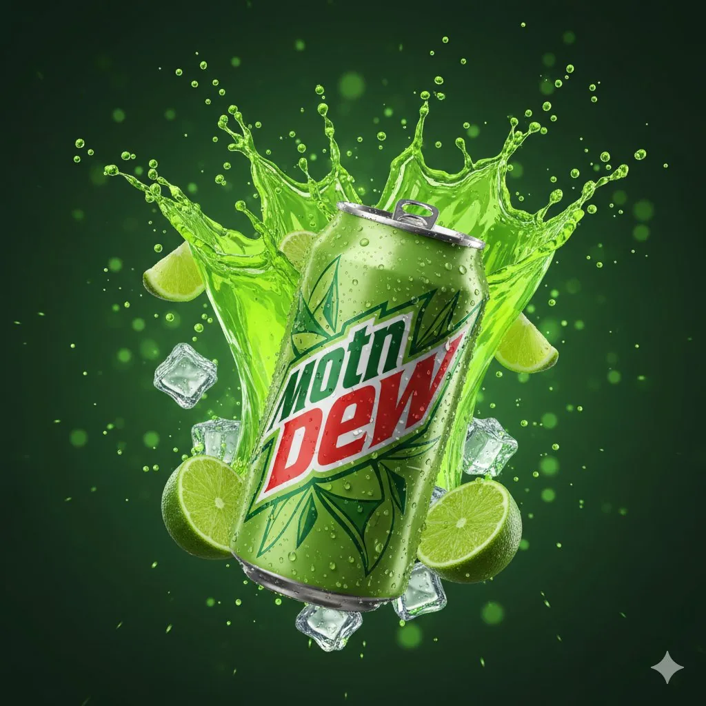 Hyper-Realistic Mountain Dew Can Explosion Product Shot - Nano Banana Pro AI Prompt for Product Marketing reference