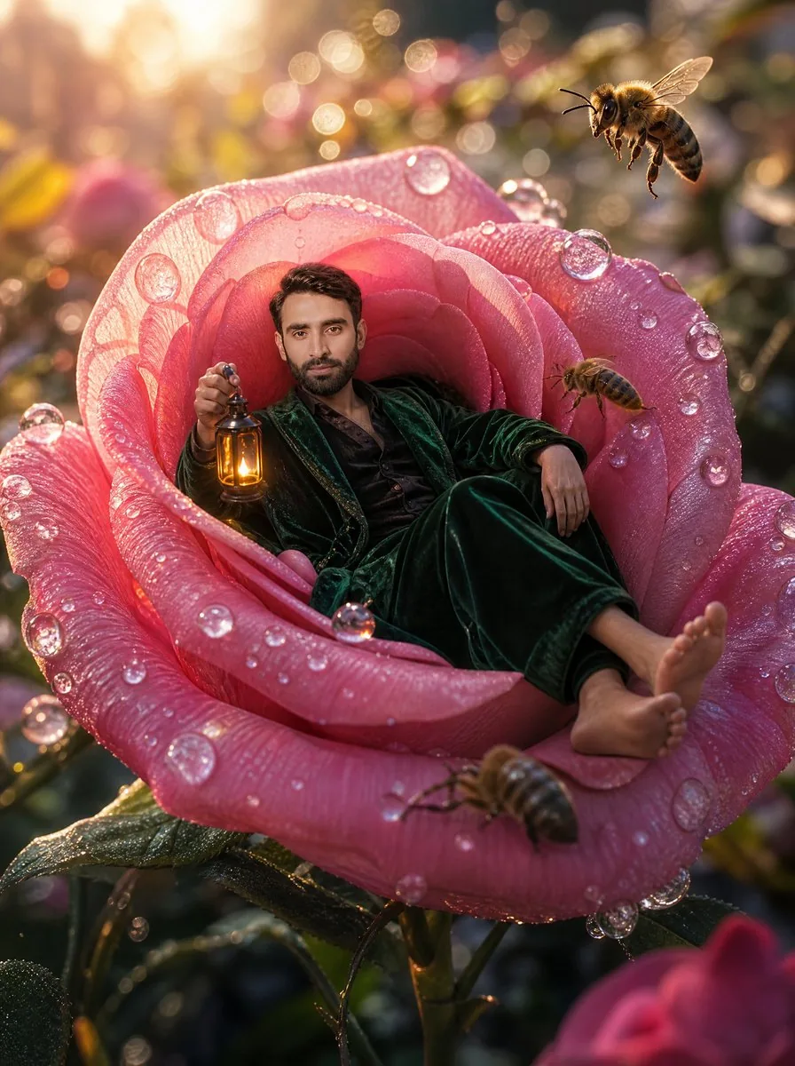 Tiny Man Lounging in Giant Rose reference