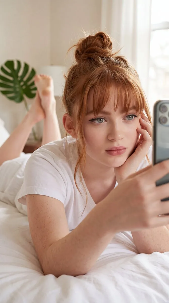 Realistic Blonde Woman Bedroom Portrait - Nano Banana Pro AI Prompt for Social Media Post reference