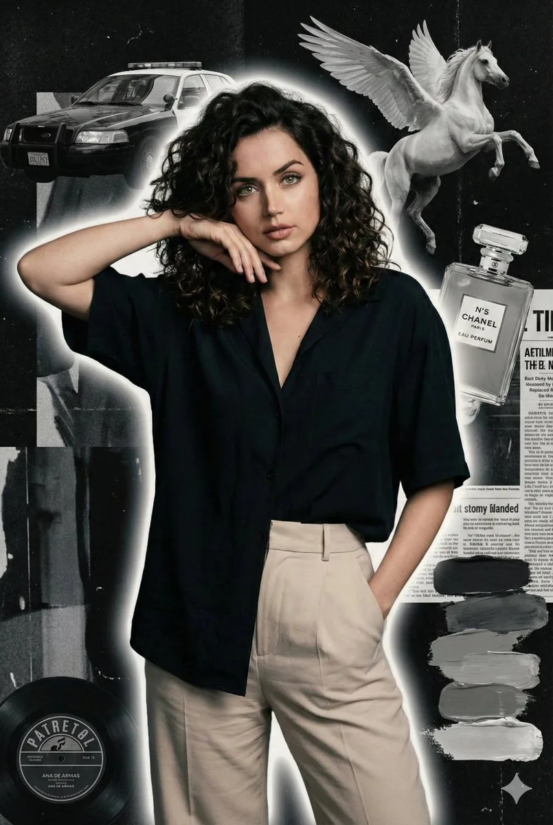 Cinematic Grunge Collage Portrait of Ana de Armas - Nano Banana Pro AI Prompt for Product Marketing reference