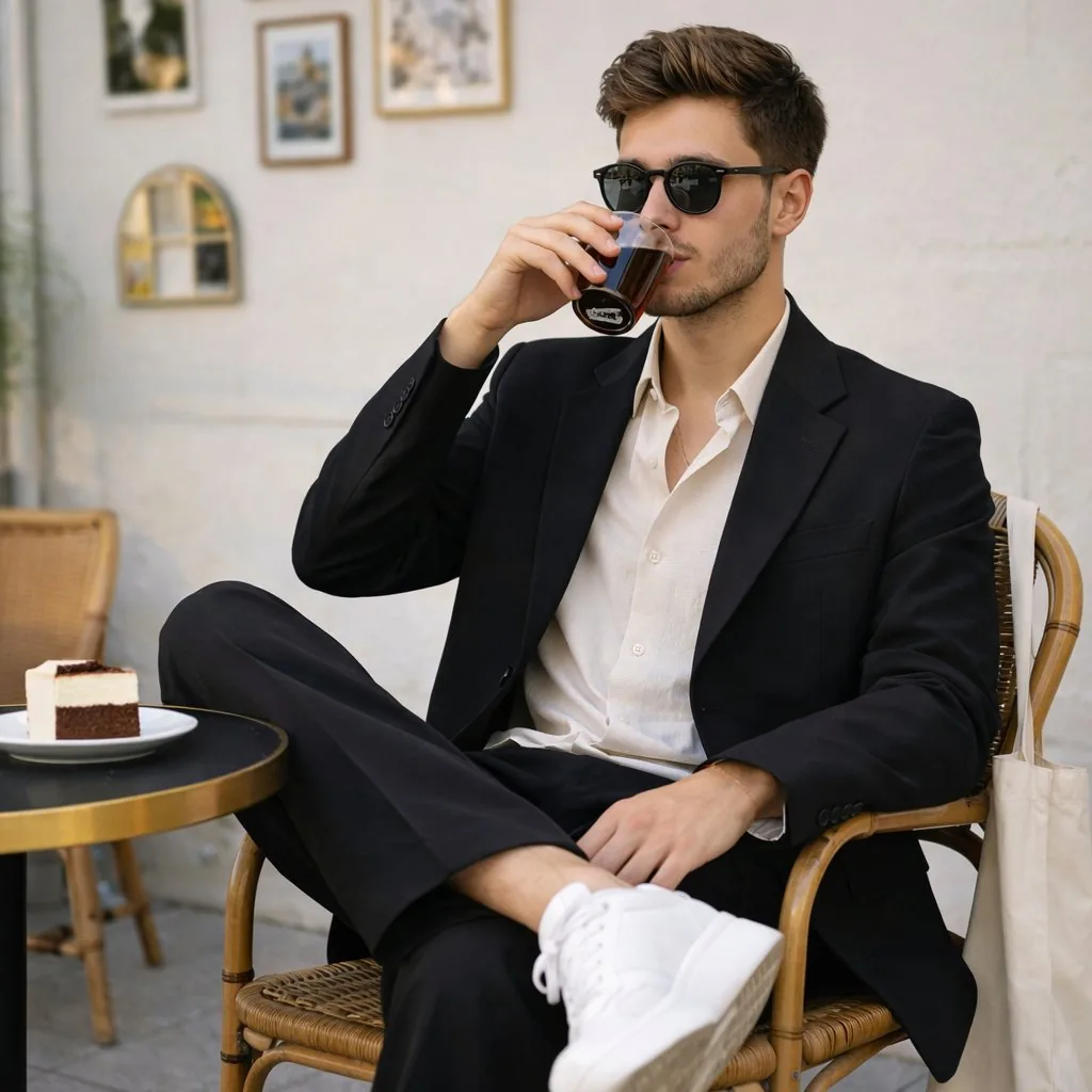 Fashionable Man in Cafe with Cake and Platform Sneakers reference