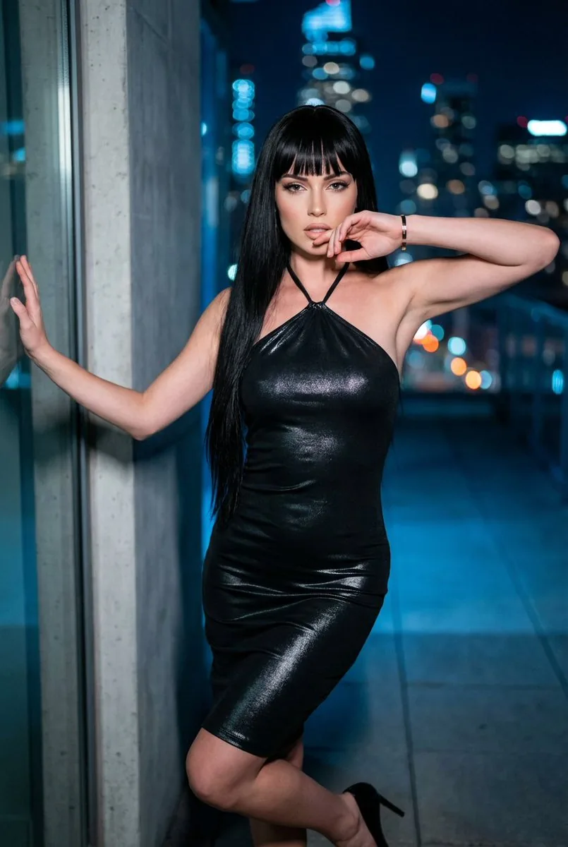 Nighttime Rooftop Portrait with Metallic Dress - Nano Banana Pro AI Prompt for Social Media Post reference