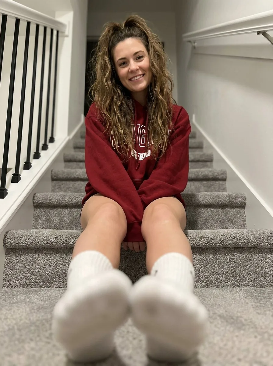 Cozy Indoor Portrait on Staircase with Foreshortening - Nano Banana Pro AI Prompt for Social Media Post reference